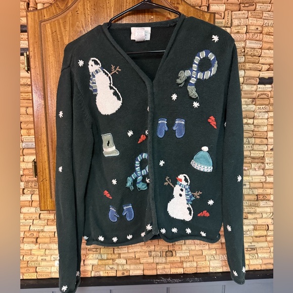 Vintage Christopher & Banks hand embroidered holiday snow cardigan sweater sz M - Picture 1 of 7